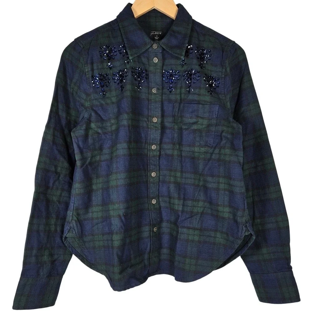J Crew Womens Plaid Flannel Shirt Blue Green Beaded Embellished Button Down 10